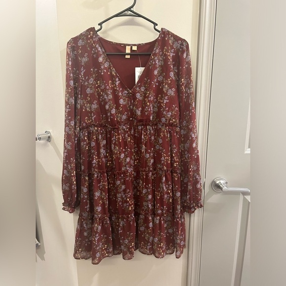 Buckle Dress Peasant Boho Long Sleeve Floral V Neck Mini Medium - Picture 1 of 12